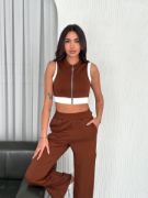 Osy Modal Yumuşak Dokulu Kumaş Tam Fermuarlı Crop Pantalon İkili Takım - Kahverengi resmi